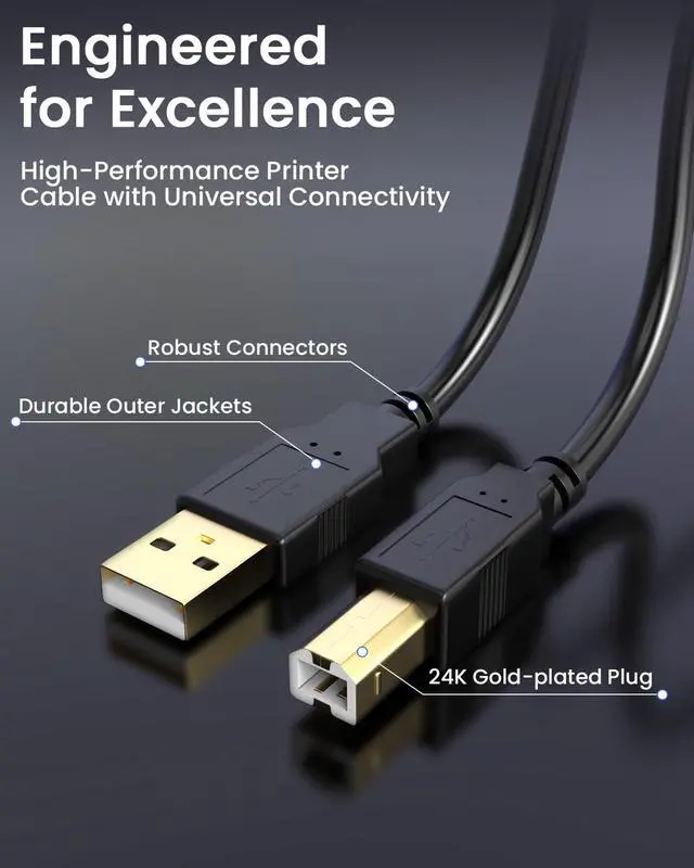 Alt view image 5 of 6 - USB-A to USB-B 2.0 Printer Cable 480 Mbps High-Speed for and More External Hard Drive Scanner Cord Gold-Plated 10Ft