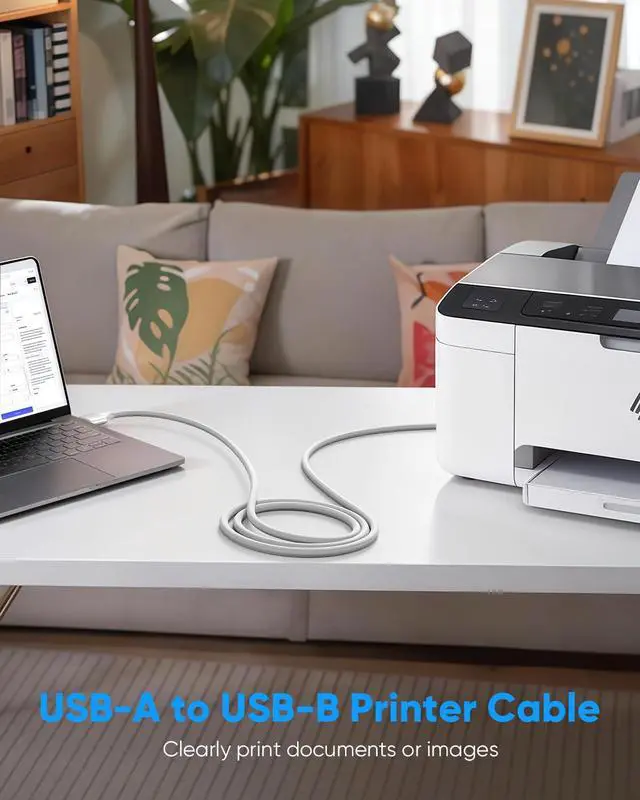 Alt view image 5 of 7 - White Printer Cable USB Printer Cable 10 Feet Nylon Braided USB A to B Printer Cord High-Speed Compatible with Cricut Scanner Piano