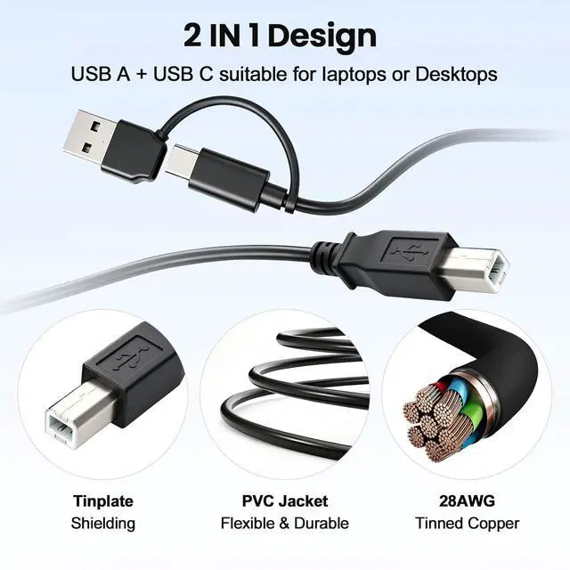 Alt view image 6 of 7 - 2 in 1 USB-B 2.0 Cable for Printer or External Hard Drive 6.5 Ft | Universal USB C/A Port Compatible with and more