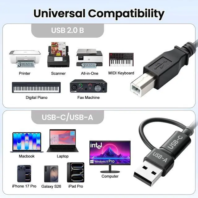 Alt view image 7 of 7 - 2 in 1 USB-B 2.0 Cable for Printer or External Hard Drive 6.5 Ft | Universal USB C/A Port Compatible with and more