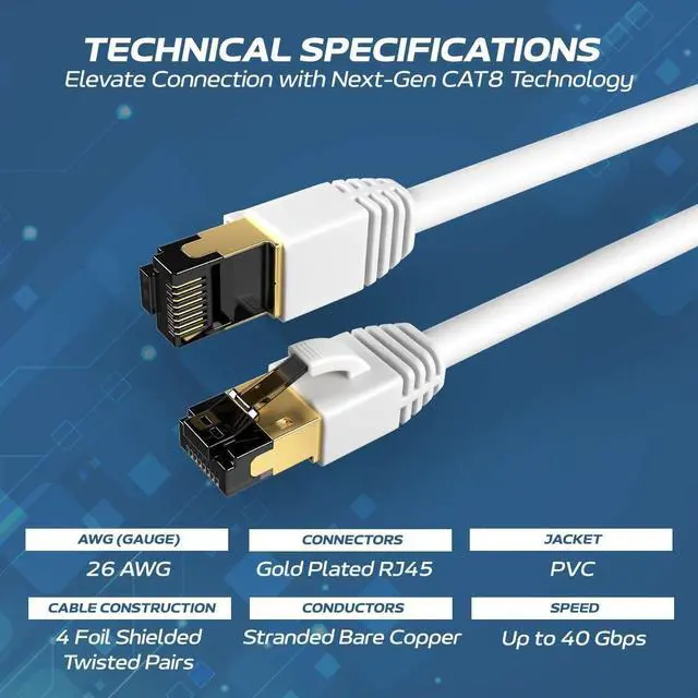 Alt view image 3 of 6 - Cat8 White 0.5FT SFTP Ethernet Patch Cable 40Gbps 2000Mhz Connection 26AWG Shielded Copper RJ45 Backwards Compatible with Cat5, for Cat6, Cat7 for Modems, Routers, Networks