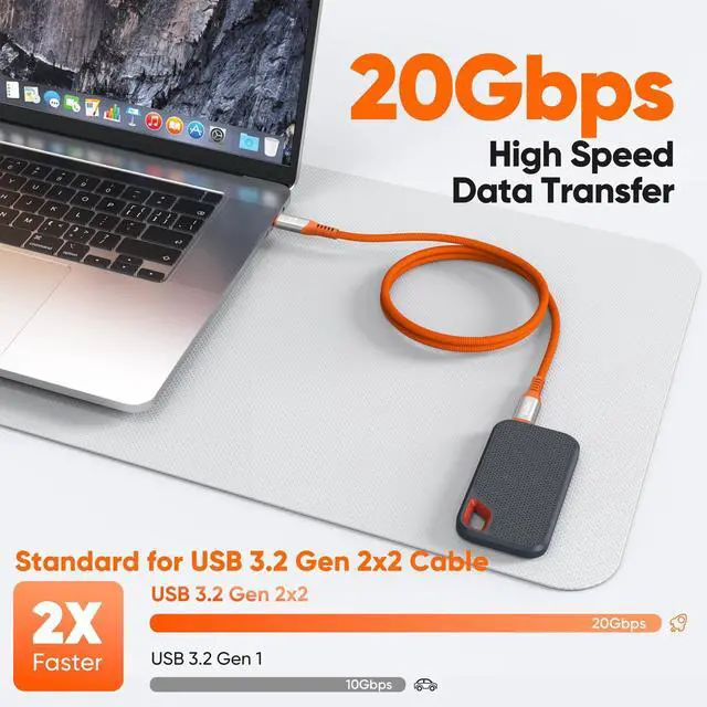 Alt view image 4 of 7 - USB C Monitor Cable 3FT, 4K@60Hz Video/20Gbps High-Speed Data Transfer/240W Charging USB 3.2 Gen 2x2 Type C Power Cord Full Function Orange for Portable Monitor Laptop SSD Hub Phone