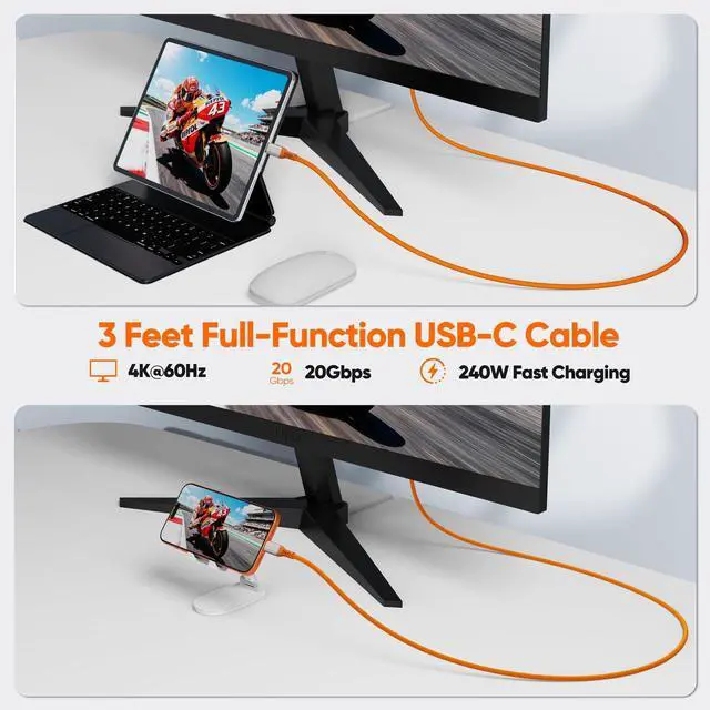 Alt view image 7 of 7 - USB C Monitor Cable 3FT, 4K@60Hz Video/20Gbps High-Speed Data Transfer/240W Charging USB 3.2 Gen 2x2 Type C Power Cord Full Function Orange for Portable Monitor Laptop SSD Hub Phone
