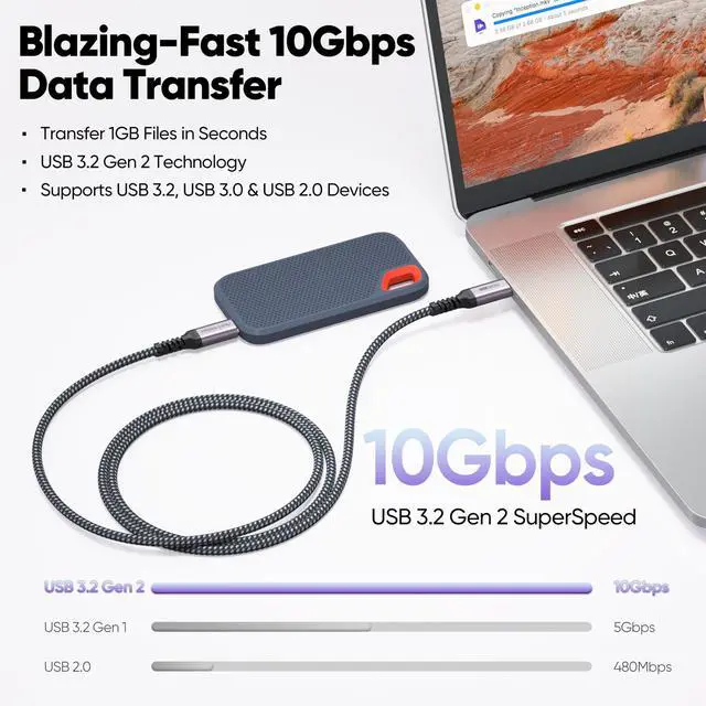 Alt view image 4 of 7 - USB C Monitor Cable 6ft, 4K@60Hz Video Display 10Gbps High Speed Data Transfer 100W Fast Charging USB 3.2 Gen 2 Type C Full Function Cord for iPhone 17 Galaxy 26 Laptop External SSD Dock Monitor