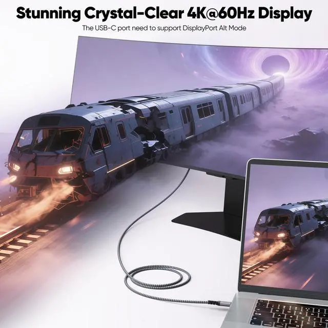 Alt view image 3 of 7 - USB C Monitor Cable 6ft, 4K@60Hz Video Display 10Gbps High Speed Data Transfer 100W Fast Charging USB 3.2 Gen 2 Type C Full Function Cord for iPhone 17 Galaxy 26 Laptop External SSD Dock Monitor