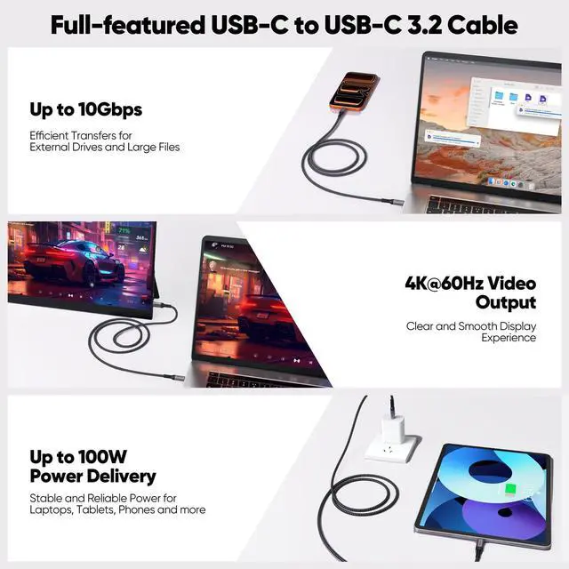 Alt view image 2 of 7 - USB C Monitor Cable 6ft, 4K@60Hz Video Display 10Gbps High Speed Data Transfer 100W Fast Charging USB 3.2 Gen 2 Type C Full Function Cord for iPhone 17 Galaxy 26 Laptop External SSD Dock Monitor