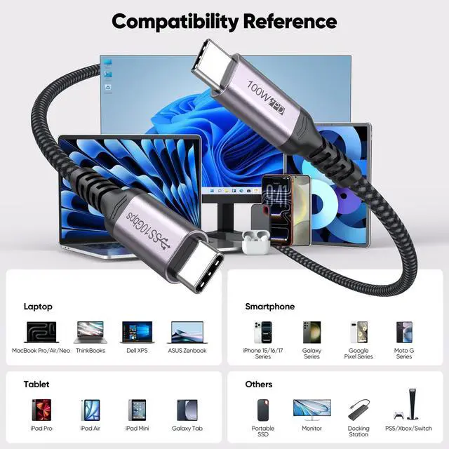 Alt view image 6 of 7 - USB C Monitor Cable 6ft, 4K@60Hz Video Display 10Gbps High Speed Data Transfer 100W Fast Charging USB 3.2 Gen 2 Type C Full Function Cord for iPhone 17 Galaxy 26 Laptop External SSD Dock Monitor