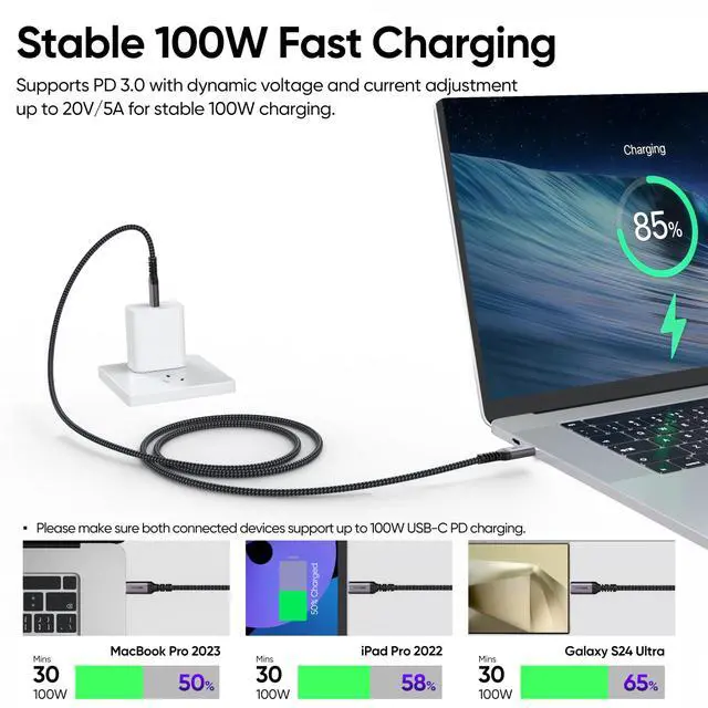 Alt view image 5 of 7 - USB C Monitor Cable 6ft, 4K@60Hz Video Display 10Gbps High Speed Data Transfer 100W Fast Charging USB 3.2 Gen 2 Type C Full Function Cord for iPhone 17 Galaxy 26 Laptop External SSD Dock Monitor
