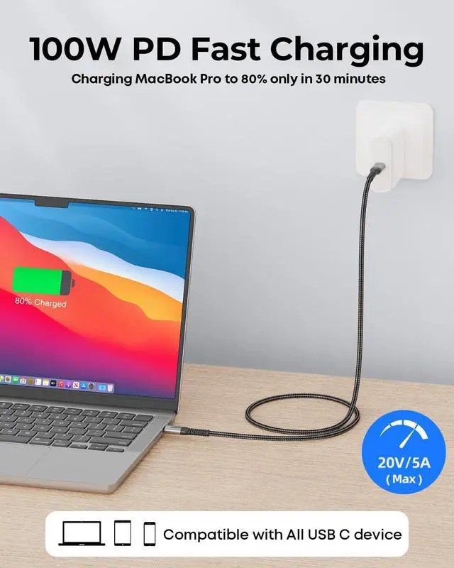 Alt view image 4 of 7 - USB C Monitor Cable 1.5ft, 4k @60hz Short USB C to USB C Video Cable, 3.2 Gen 2x2, 20Gbps Data Transfer,100W PD Fast Charging Type C for iPhone 17/16,MacBook, CarPlay, Portable Monitor