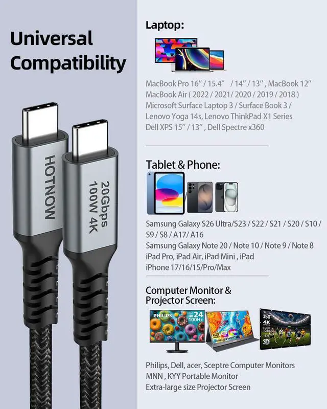Alt view image 6 of 7 - USB C Monitor Cable 1.5ft, 4k @60hz Short USB C to USB C Video Cable, 3.2 Gen 2x2, 20Gbps Data Transfer,100W PD Fast Charging Type C for iPhone 17/16,MacBook, CarPlay, Portable Monitor