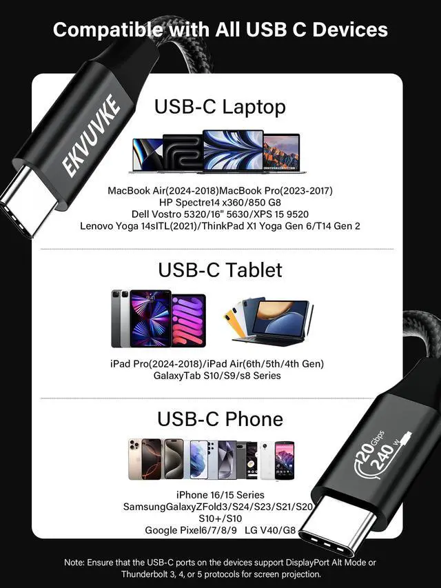 Alt view image 7 of 7 - USB C Monitor Cable 1.6FT, 8K@60Hz/4K@120Hz Video Output, 240W Fast Charging, 20Gbps Data Transfer USB 3.2 Gen 2x2 Type C Monitor Display Cable for iPhone 17/16/15, MacBook, iPad, Laptop, CarPlay