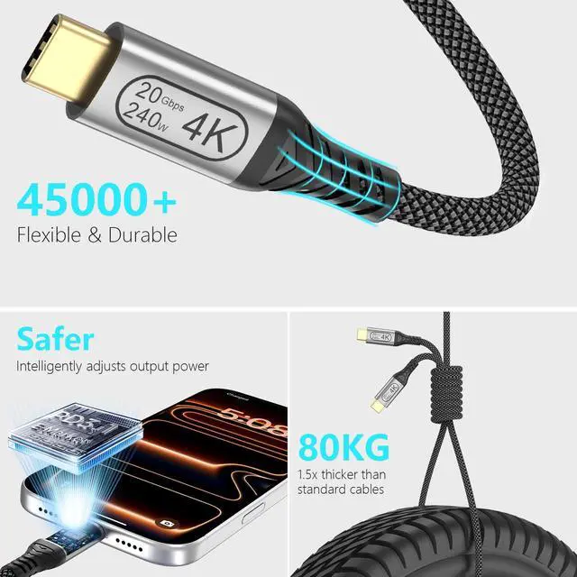Alt view image 6 of 7 - 240W USB C to USB C Cable, 3FT USB Type C 3.2 Gen 2x2 Cable 20Gbps Fast Data Transfer, 4K Monitor Display Video Cord Braided for iPhone 17 16 15, MacBook, iPad Pro, Galaxy 25, Portable Monitor