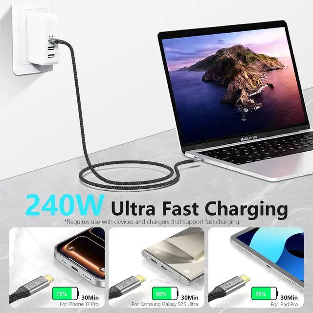 Alt view image 5 of 7 - 240W USB C to USB C Cable, 3FT USB Type C 3.2 Gen 2x2 Cable 20Gbps Fast Data Transfer, 4K Monitor Display Video Cord Braided for iPhone 17 16 15, MacBook, iPad Pro, Galaxy 25, Portable Monitor