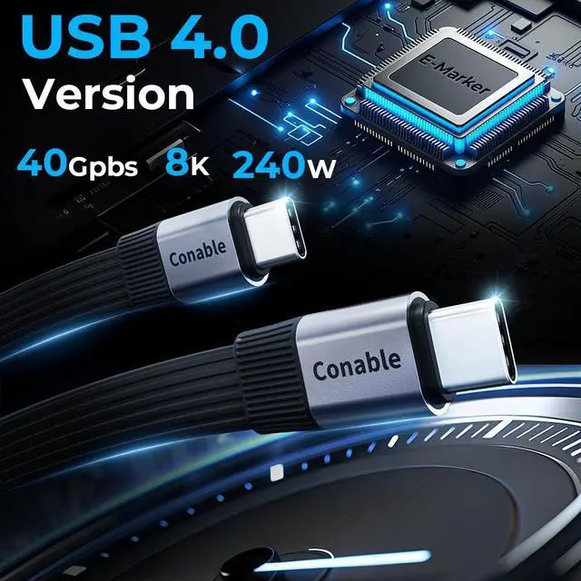 Alt view image 2 of 7 - USB 4 Cable for Thunderbolt 5/4/3, Flat USB C Cable 2 FT, 40Gbps Data Transfer, 8K@60Hz Video Display, 240W PD Fast Charging, Compatible with iPhone 16/15 Pro Max, MacBook, iPad, SSD, Docking, eGPU