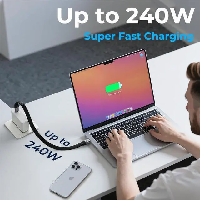 Alt view image 4 of 7 - USB 4 Cable for Thunderbolt 5/4/3, Flat USB C Cable 2 FT, 40Gbps Data Transfer, 8K@60Hz Video Display, 240W PD Fast Charging, Compatible with iPhone 16/15 Pro Max, MacBook, iPad, SSD, Docking, eGPU