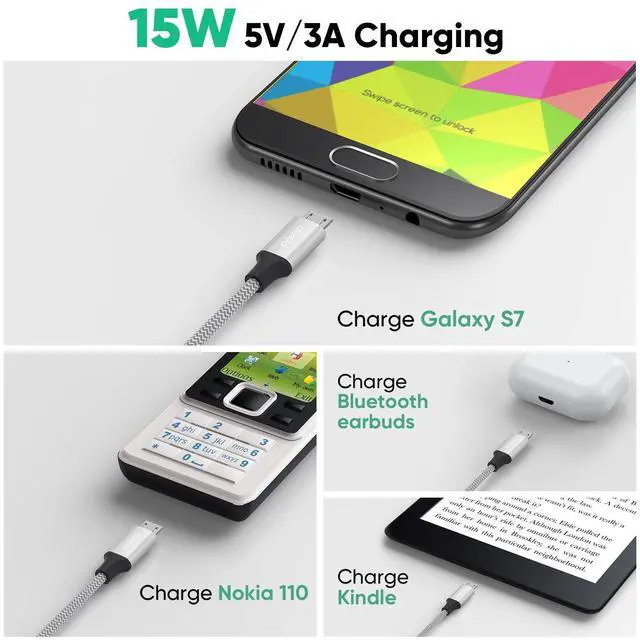 Alt view image 2 of 7 - Micro USB Cable 1ft Short 15W Fast Charging & 480Mbps Data Transfer, USB A to MicroUSB Braided Charge Cord for Old Kindle Android Phone Nokia Tablet PS4 Controller Raspberry Pi and More