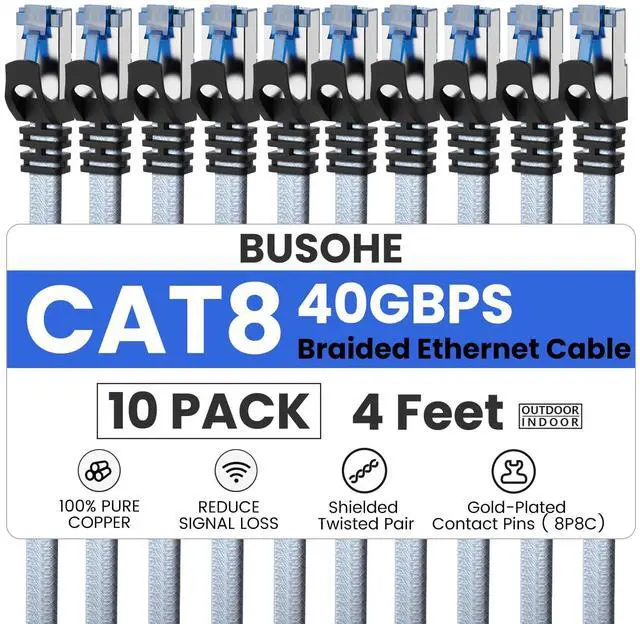 Main image of Cat 8 Ethernet Cable 4 FT 10 Pack, Nylon Braided High Speed Heavy Duty Network LAN Patch Cord, 40Gbps 2000Mhz SFTP Shielded RJ45 Flat Internet Cable for TV/PC/Router, in Wall, Indoor, Outdoor