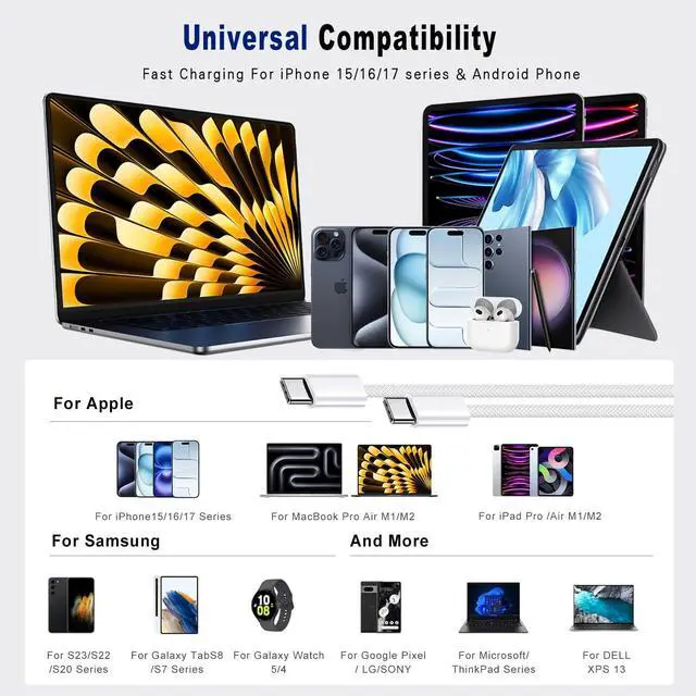 Alt view image 6 of 6 - USB C to USB C Cable 3FT Certified 2Pack 60W usbc Woven Fast Charging Type C Charger Cord Compatible with iPhone 17/16 Pro Max Plus Samsung S23 Note 20 iPad Pro Air Mini MacBook Air