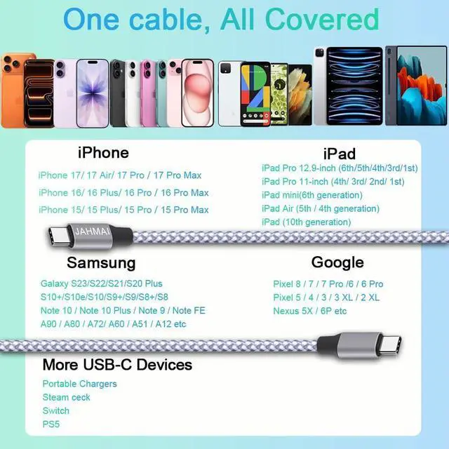 Alt view image 7 of 7 - USB C Cable, Nylon Braided USB C to USB c Fast Charging 6ft 3Pack 60W Quick Data Sync Type C Charger Cord for iPhone 17/16/15 Pro Max/17/16/15 Pro/16/15 Plus/17 Air/iPad mini/Galaxy S24/23/22
