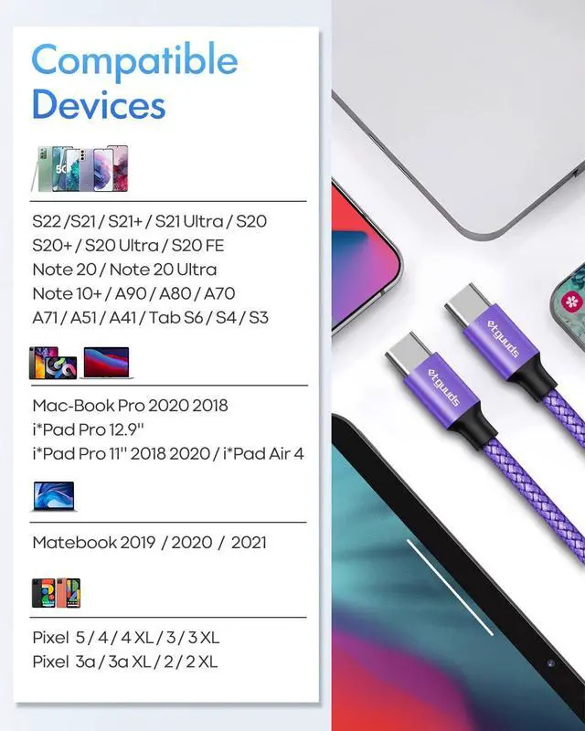 Alt view image 7 of 7 - Purple USB C to USB C Cable 3ft, 2-Pack 60W USBC to USBC Cord, Type C to C Charger Cable Fast Charging for iPhone 17 16 15 Pro Max Plus Air, Samsung Galaxy S25 S24 S23, for MacBook/iPad, Pixel