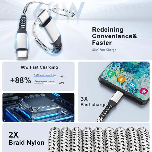 Alt view image 2 of 6 - USB C to USB C Cable (3 Pack 10ft) iPhone 16/15 Charger Cord, 60W Extra Long Type C Fast Charging Cable for Apple iPhone 16/15 Pro Max/MacBook Air/Pro, iPad Pro 12.9/11/,Samsung Galaxy S23/22/21/20