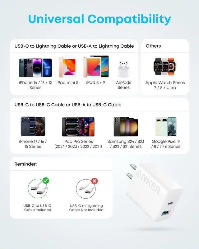 Alt view image 7 of 7 - iPhone Charger, 2-Pack 20W Fast USB C Charger Block, Type C Charger Fast Charging for iPhone 17/17 Pro Max/16 Series/iPad Pro and More (White, 2 Pack & 2 Cable)