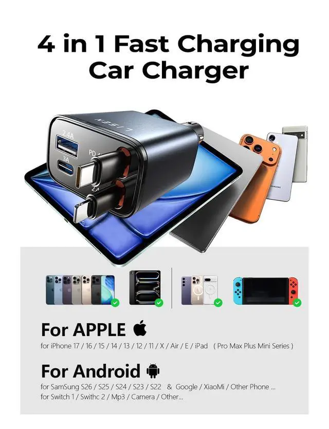 Alt view image 7 of 7 - Retractable Car Charger, 84W Car Charger USB C Fast Charger Adapter for iPhone, Car Accessories for Men Women, Gifts for Fathers Day for Men Dad Husband, for iPhone 17 16 15 14 13 12 11 Samsung