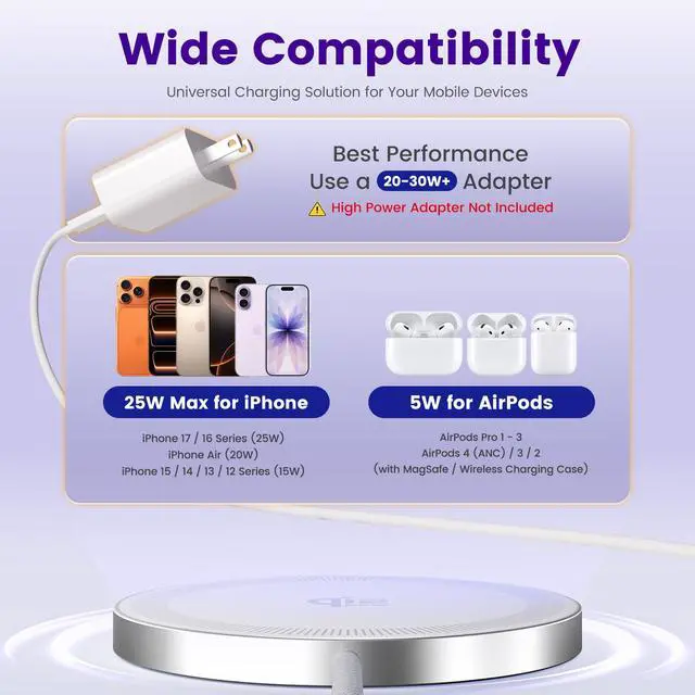 Alt view image 3 of 7 - 25W Magnetic Wireless Charger: Fast Charging Pad for iPhone 17 16 15 14 13 12 Pro Max, Samsung Galaxy S26 S25, Google Pixel 10, AirPods-Slim Portable for Travel Bedside Office-White 2 Pack