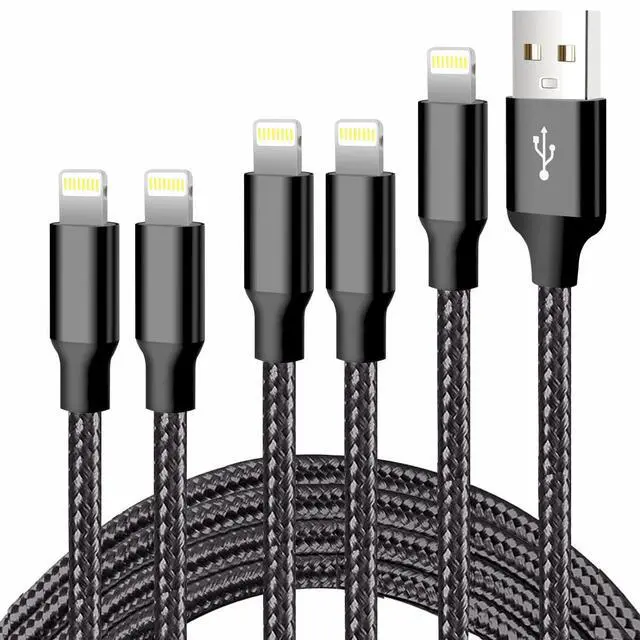 Main image of iPhone Charger, 5 Pack 3/3/6/6/10FT Apple MFi Certified USB Lightning Cable Nylon Braided Fast Charging Cord Compatible for iPhone 14/13/12/11/X/Max/8/7/6/5/SE/Plus/iPad - Black
