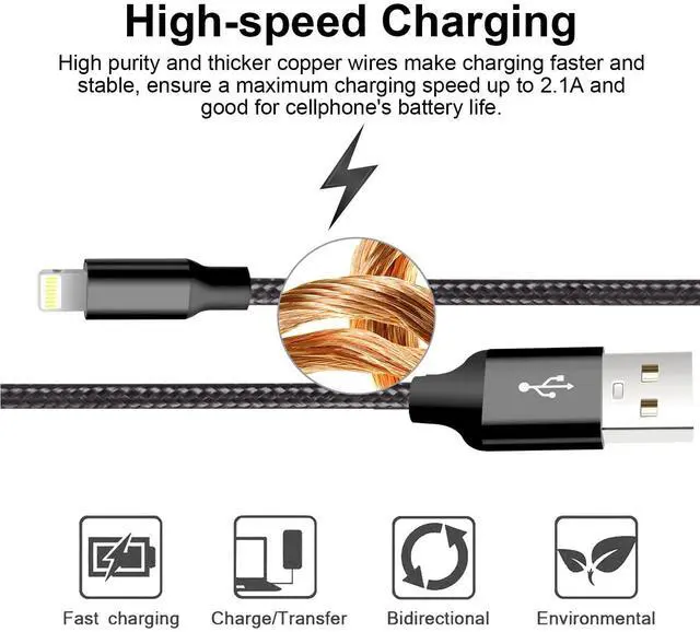 Alt view image 3 of 7 - iPhone Charger, 5 Pack 3/3/6/6/10FT Apple MFi Certified USB Lightning Cable Nylon Braided Fast Charging Cord Compatible for iPhone 14/13/12/11/X/Max/8/7/6/5/SE/Plus/iPad - Black