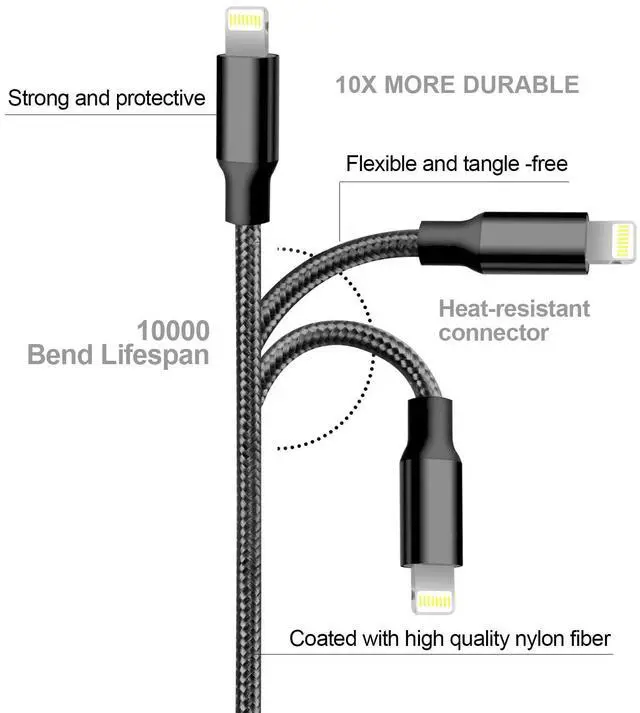Alt view image 4 of 7 - iPhone Charger, 5 Pack 3/3/6/6/10FT Apple MFi Certified USB Lightning Cable Nylon Braided Fast Charging Cord Compatible for iPhone 14/13/12/11/X/Max/8/7/6/5/SE/Plus/iPad - Black