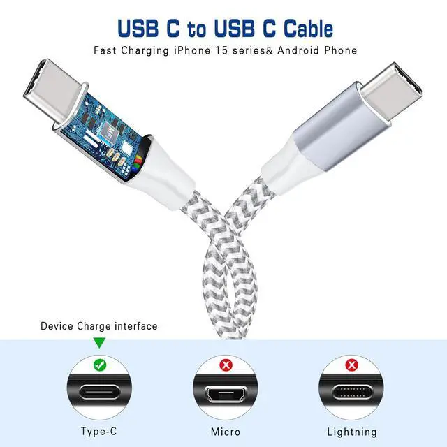Alt view image 3 of 7 - 1FT USB C to USB C Cable, 2Pack 12inch USB C Charger Cord Braided Short usbc Cable, Type C 60W Fast Charging Cable for iPhone 17 16 15 Pro Max Samsung Galaxy S24 S23 S22 MacBook/Pad, Pixel