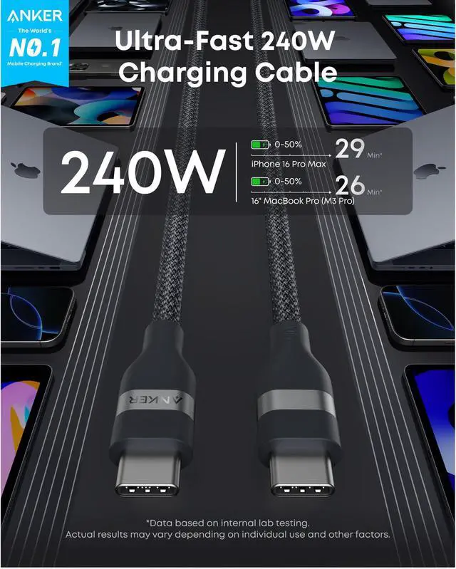 Alt view image 2 of 6 - Nano USB C Cable, 240W Flexible Multi-Color Braided Cord, Fast Charging Type C Charger for iPhone 17 Series, MacBook Pro and More (Black, 3ft)