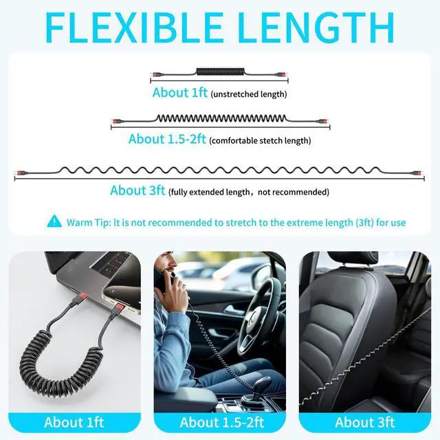 Alt view image 4 of 7 - Coiled USB C to USB C Cable, 2 Pack 3FT USBC Car Charger Cord, USBC to USBC Coiled Cable Fast Charging for Carplay, iPhone 17/16/15 Plus/Pro Max, Samsung Galaxy S25 S24 S23, Pixel 10 9
