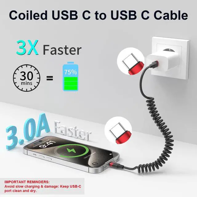 Alt view image 5 of 7 - Coiled USB C to USB C Cable, 2 Pack 3FT USBC Car Charger Cord, USBC to USBC Coiled Cable Fast Charging for Carplay, iPhone 17/16/15 Plus/Pro Max, Samsung Galaxy S25 S24 S23, Pixel 10 9