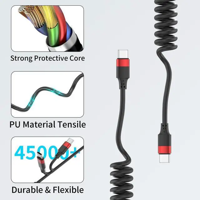 Alt view image 7 of 7 - Coiled USB C to USB C Cable, 2 Pack 3FT USBC Car Charger Cord, USBC to USBC Coiled Cable Fast Charging for Carplay, iPhone 17/16/15 Plus/Pro Max, Samsung Galaxy S25 S24 S23, Pixel 10 9