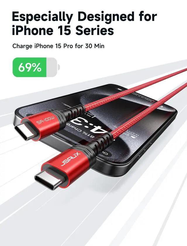Alt view image 3 of 7 - 100W USB C to USB C Cable for iPhone 17, USBC Type C Charge Cord 5A Fast Charging Compatible with iPhone 17 Air 16 15 Pro Max Samsung Galaxy S25 S24 MacBook iPad Pro Carplay (2-Pack, 3.3ft) Red