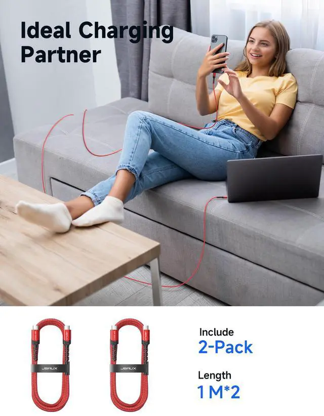 Alt view image 6 of 7 - 100W USB C to USB C Cable for iPhone 17, USBC Type C Charge Cord 5A Fast Charging Compatible with iPhone 17 Air 16 15 Pro Max Samsung Galaxy S25 S24 MacBook iPad Pro Carplay (2-Pack, 3.3ft) Red