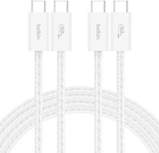 Main image of USB C to USB C Cable 2-Pack, 6.6ft, 60W - Type C Charger, iPhone Charger Cord, Soft, Braided, Flexible for iPhone 17, Galaxy S25, Pixel 10, Airpods, iPad Pro & More, Travel Essentials - White