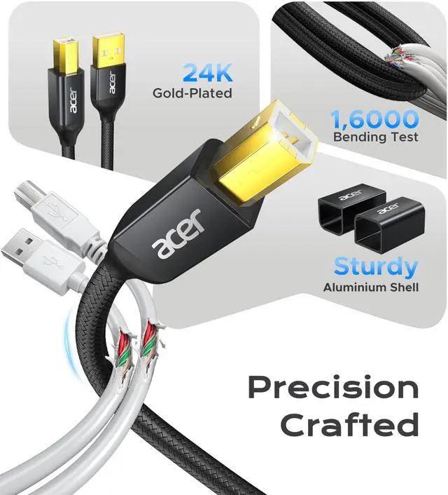 Alt view image 5 of 7 - Printer Cable 10ft, USB A to USB B Cable, High Speed Nylon Scanner Printer Cord, Aluminum Case & Gold-Plated, USB 2.0 B Cable for HP, Canon, Brother, Samsung, Dell, Epson, Lexmark, Xerox and More