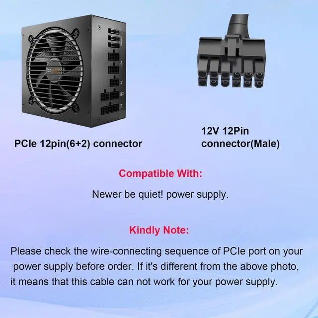 Alt view image 7 of 7 - 2 Pack of PCIE Power Cable for Be Quiet 65CM, 12-Pin to 6+2 Pin, Male-to-Male GPU Cable Adapter Sleeved for Be Quiet Modular Power Supply, 18AWG, Black (25.5")