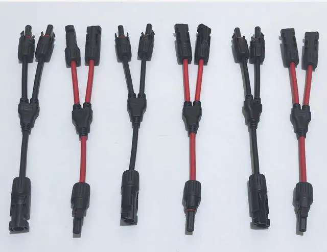 Main image of 6pcs mc4 y connectors, Solar Y Branch Connectors Extra Long Solar Panel Parallel Connectors 1 to 2 Solar Cable Wire Plug Tool Kit (M/FF and F/MM) (3, Black&red)