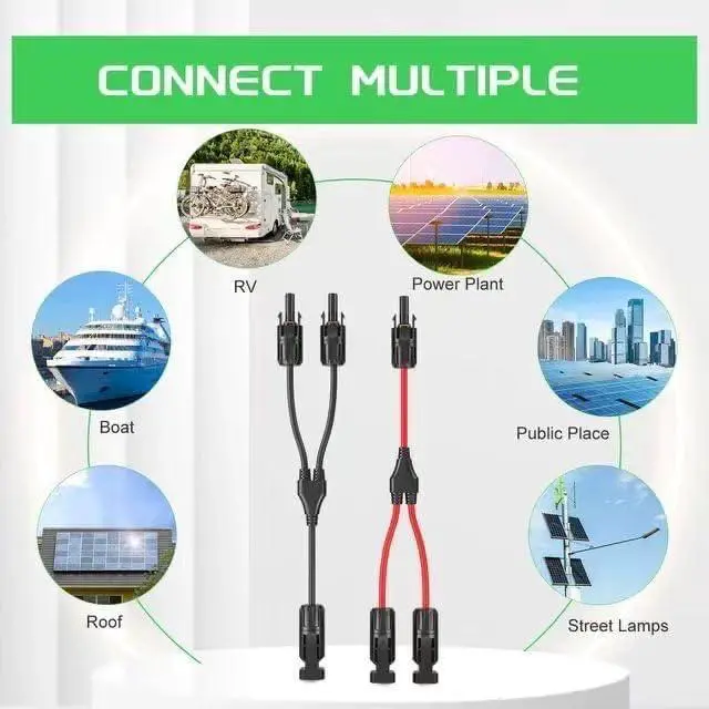 Alt view image 3 of 6 - 6pcs mc4 y connectors, Solar Y Branch Connectors Extra Long Solar Panel Parallel Connectors 1 to 2 Solar Cable Wire Plug Tool Kit (M/FF and F/MM) (3, Black&red)