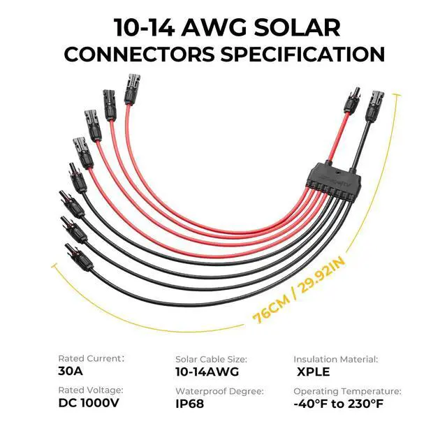 Alt view image 7 of 7 - Solar Parallel Connectors for 2-4 Solar Panels, Extra Long 2 to 8 Y Branch 10AWG Adapter Splitter Cable Wire Plug PV Tool Kit, Waterproof (MFFFF/FMMMM)