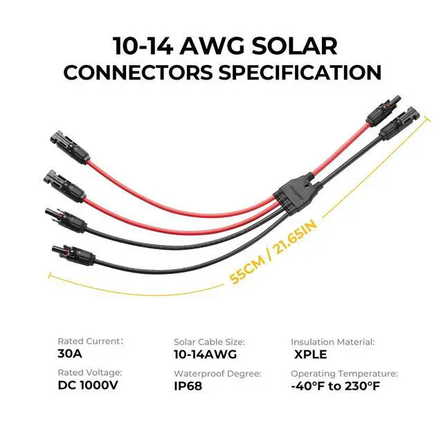 Alt view image 7 of 7 - Solar Parallel Connectors for 2 Solar Panels, 2 to 4 Y Branch 10AWG Adapter Splitter Cable Wire Plug PV Tool Kit, Waterproof (MFF/FMM)