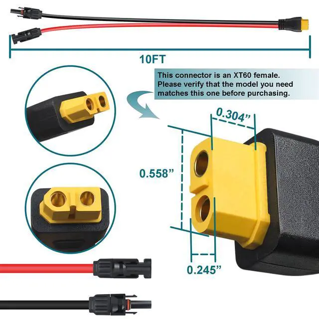 Alt view image 2 of 6 - XT60 Connector, MC4 to XT60 Extension Charging Cable 10FT, Solar to XT60 Cable 10AWG