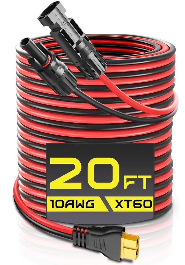 Main image of 20FT 10AWG XT60 Solar Charging Cable, Solar Panel Connector to XT60 Extension Charge Adapter Cable with Caps & Wire Ties for LiFePO4 Battery RV Portable Power Station Ecoflow Generator