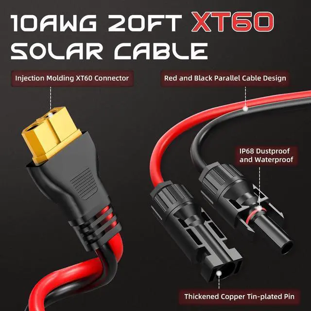Alt view image 2 of 7 - 20FT 10AWG XT60 Solar Charging Cable, Solar Panel Connector to XT60 Extension Charge Adapter Cable with Caps & Wire Ties for LiFePO4 Battery RV Portable Power Station Ecoflow Generator