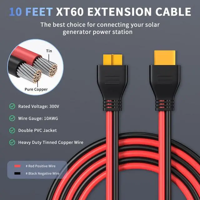 Alt view image 5 of 7 - XT60 Extension Cable 10Ft, 10AWG XT60 Cable Wire XT60 Male to Female Adapter Connector Converter Plug for RC Battery Lipo Battery Pack Solar Generator Portable Power Station and Solar Panel
