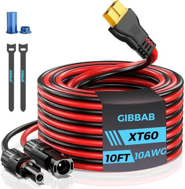 Main image of 10FT 10AWG XT60 Solar Charging Cable, Solar Panel Connector to XT60 Extension Charge Adapter Cable with Caps & Wire Ties for LiFePO4 Battery RV Portable Power Station Ecoflow Generator